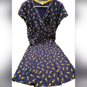 Boden Dress Lola Lemon Jersey Dress Faux Wrap Bodice Navy Blue Lemon Print 14